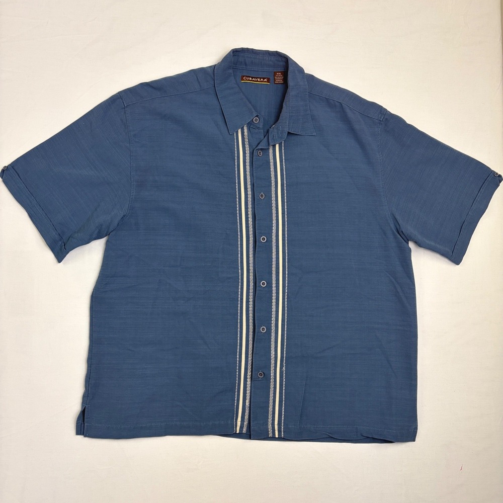 Cubavera Mens XXL Blue Short Sleeve Button Down Embroidered Guayabera Camp Shirt